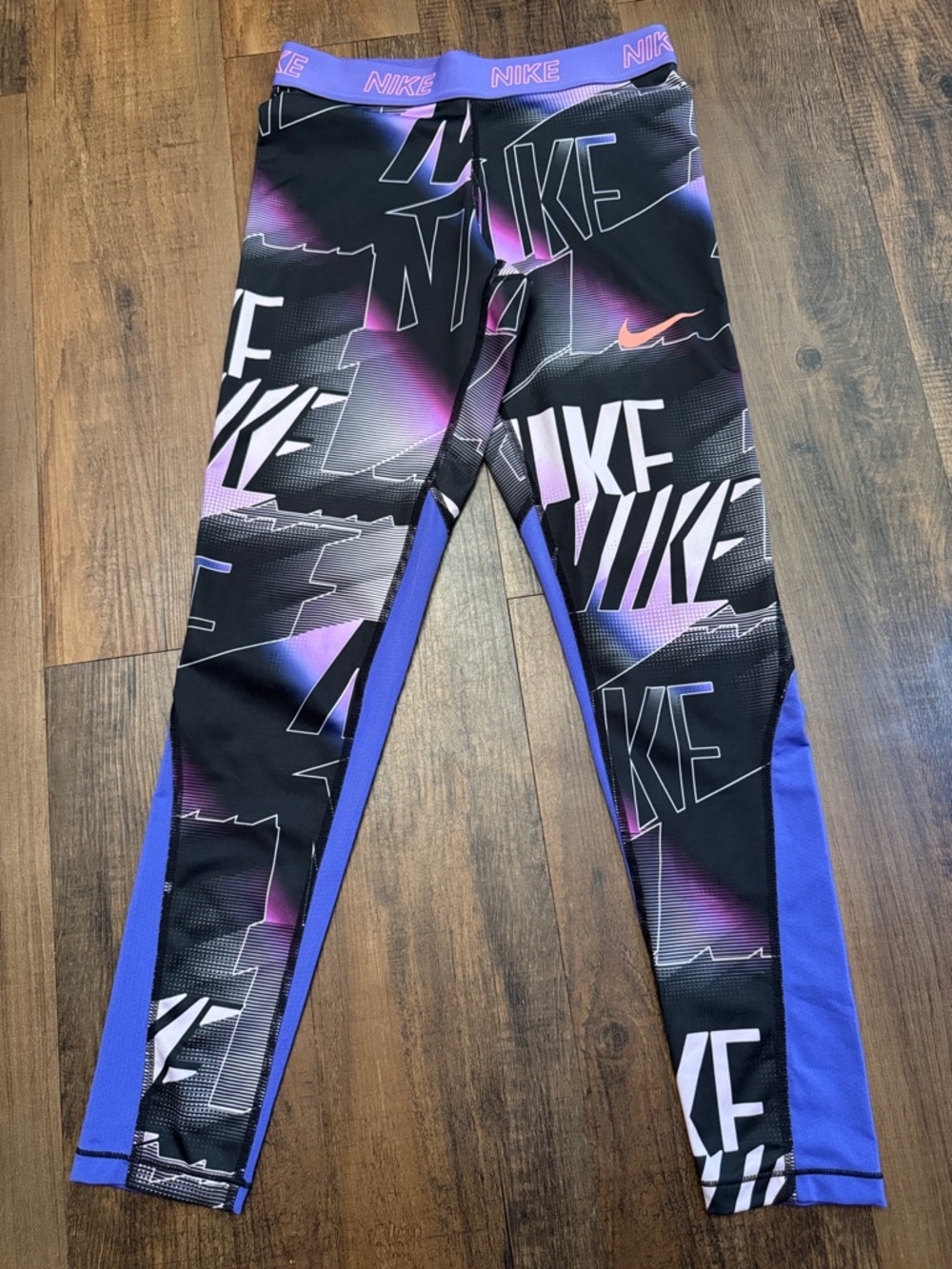 Nike Black Leggings with Purple and Pink Graphic Logo Print